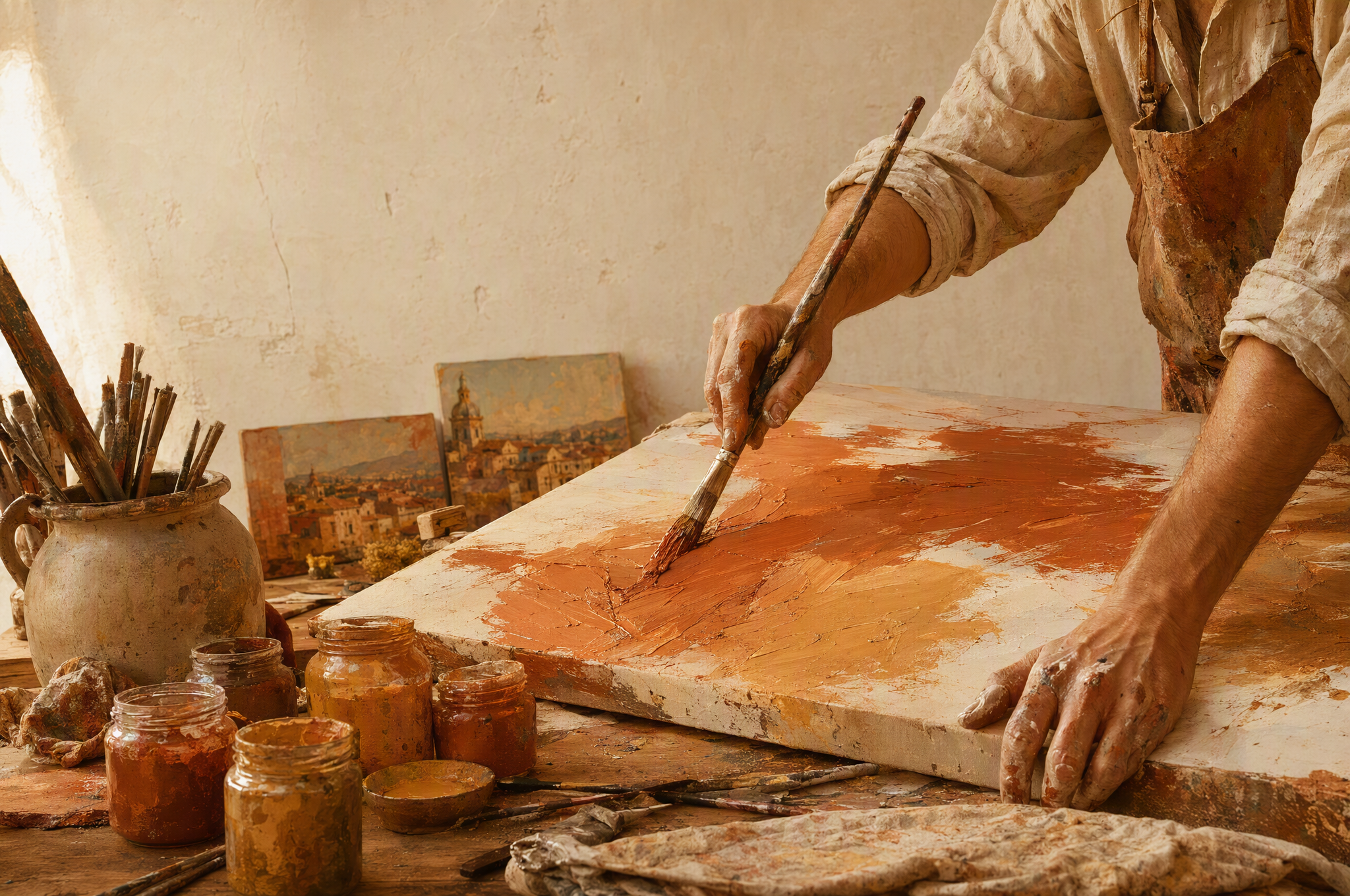 Mains de Karine en plein travail sur une toile, pigments terracotta
