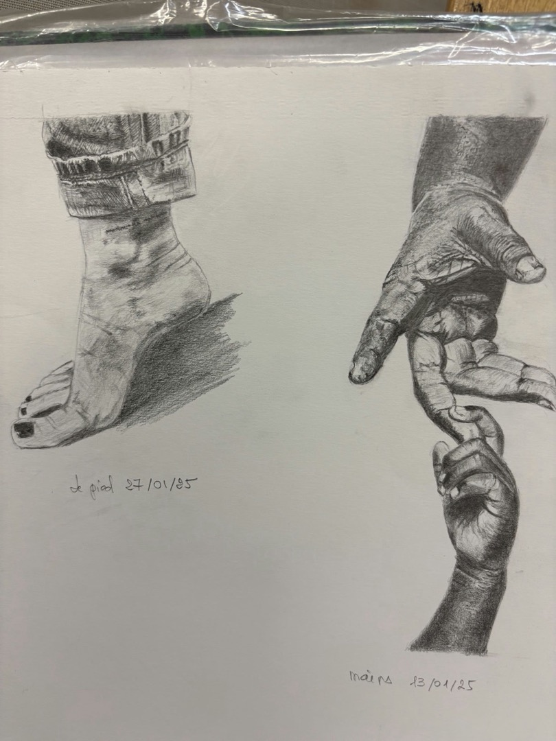 Dessin d'étude au crayon graphite, étude de mains et anatomie